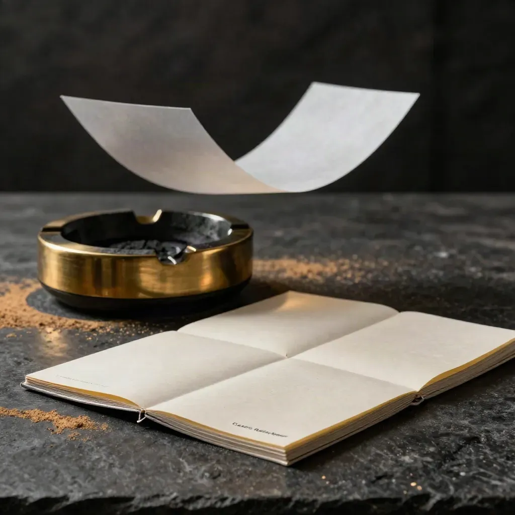 Rolling papers booklets, loose sheets, and a charcoal ash dish on dark stone.