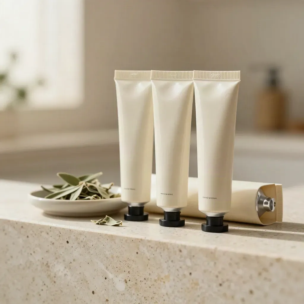 Unbranded pre-roll trio in a cream sleeve with a ceramic tray and dried petals on travertine.