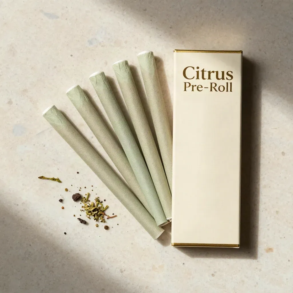Overhead citrus pre-roll sleeve with five tubes and herb curls on pale stone