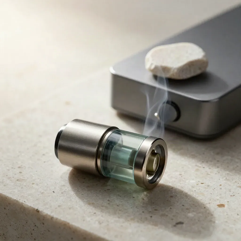 Mint vape cartridge beside a charging base on pale stone, lit in a sleek macro close-up.